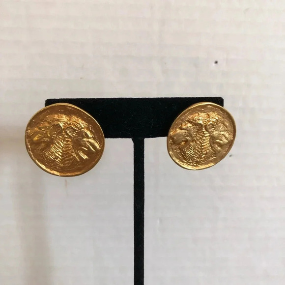 Vtg Goldtone Double Lions Heads Earrings - Picture 3 of 8